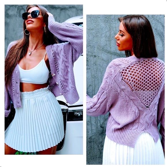 NWT! OPEN KNIT DROP SHOULDER BACK SPLIT DETAIL BUTTON UP CARDIGAN - MAUVE PURPLE - Picture 6 of 12